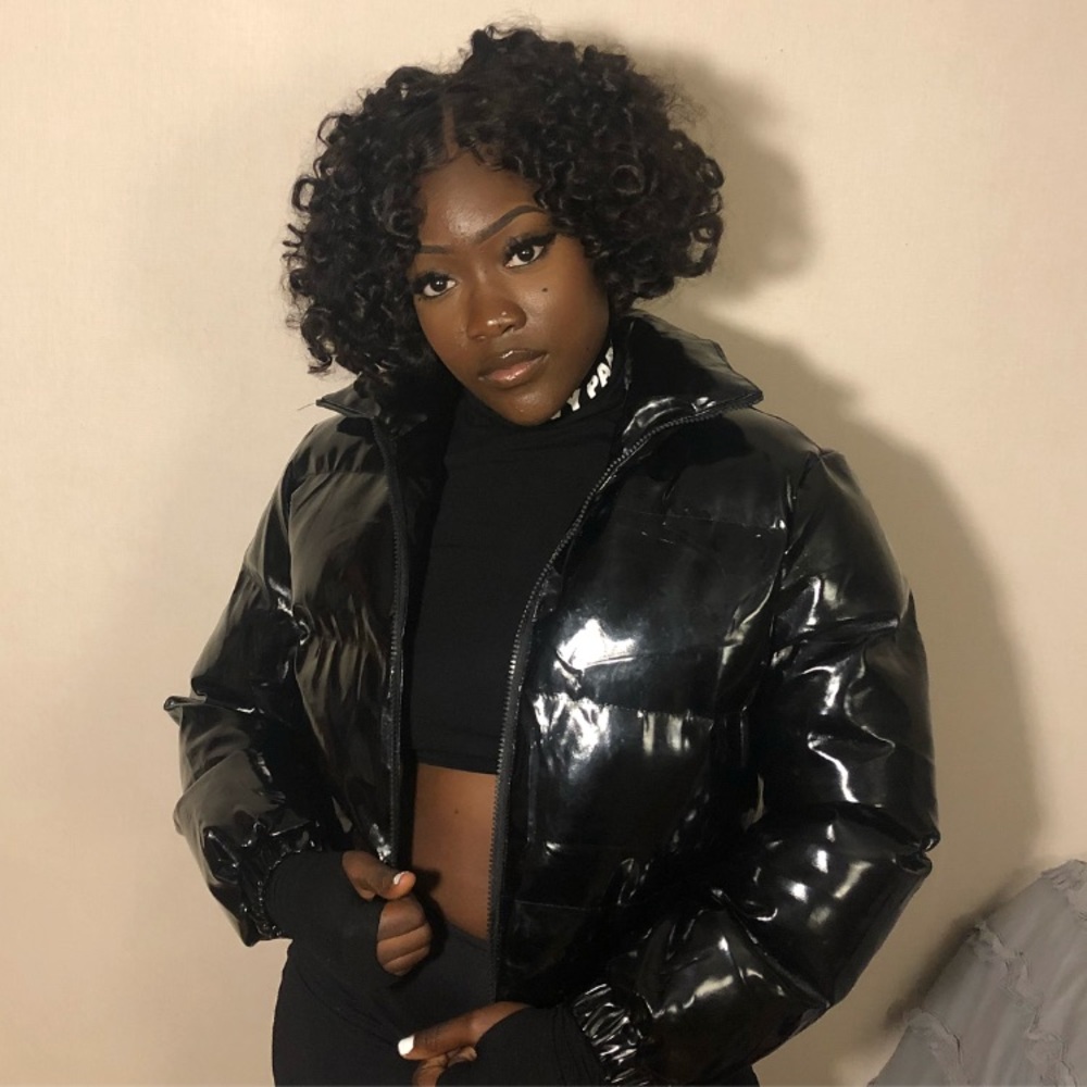 Edgy black shiny Puffer coat, great for rainy days